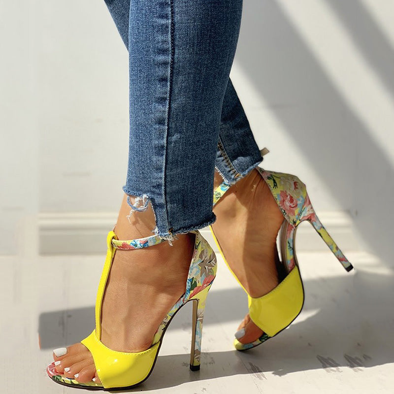 FLORAL OPEN-TOE T-BAR SANDAL HIGH HEEL