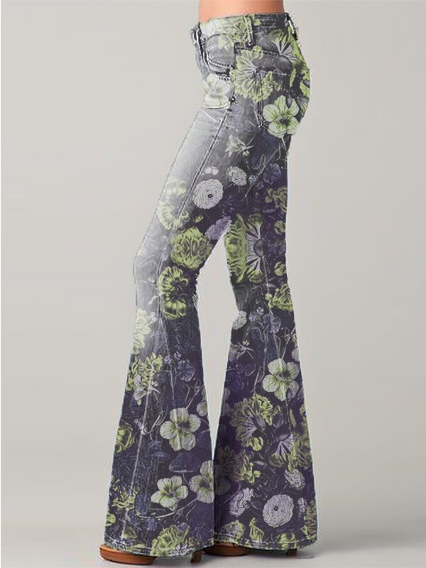 Fashion Gradient Floral Print Denim