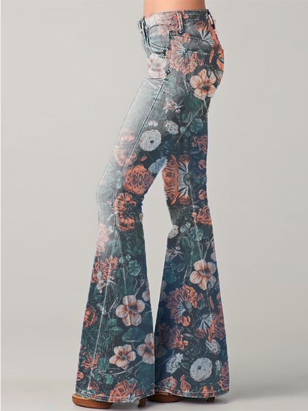 Fashion Gradient Floral Print Denim