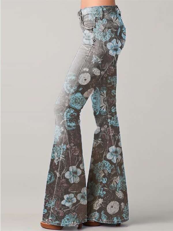 Fashion Gradient Floral Print Denim