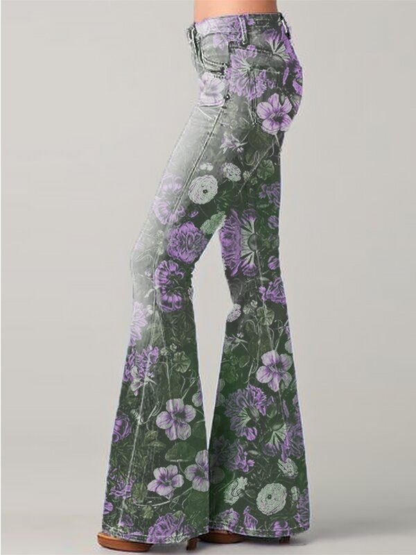 Fashion Gradient Floral Print Denim