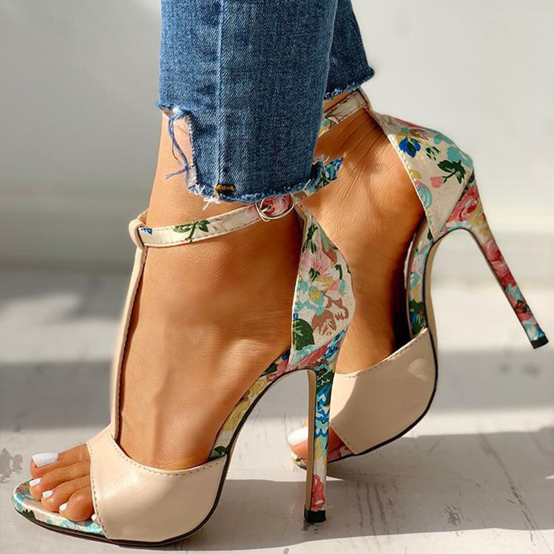 FLORAL OPEN-TOE T-BAR SANDAL HIGH HEEL