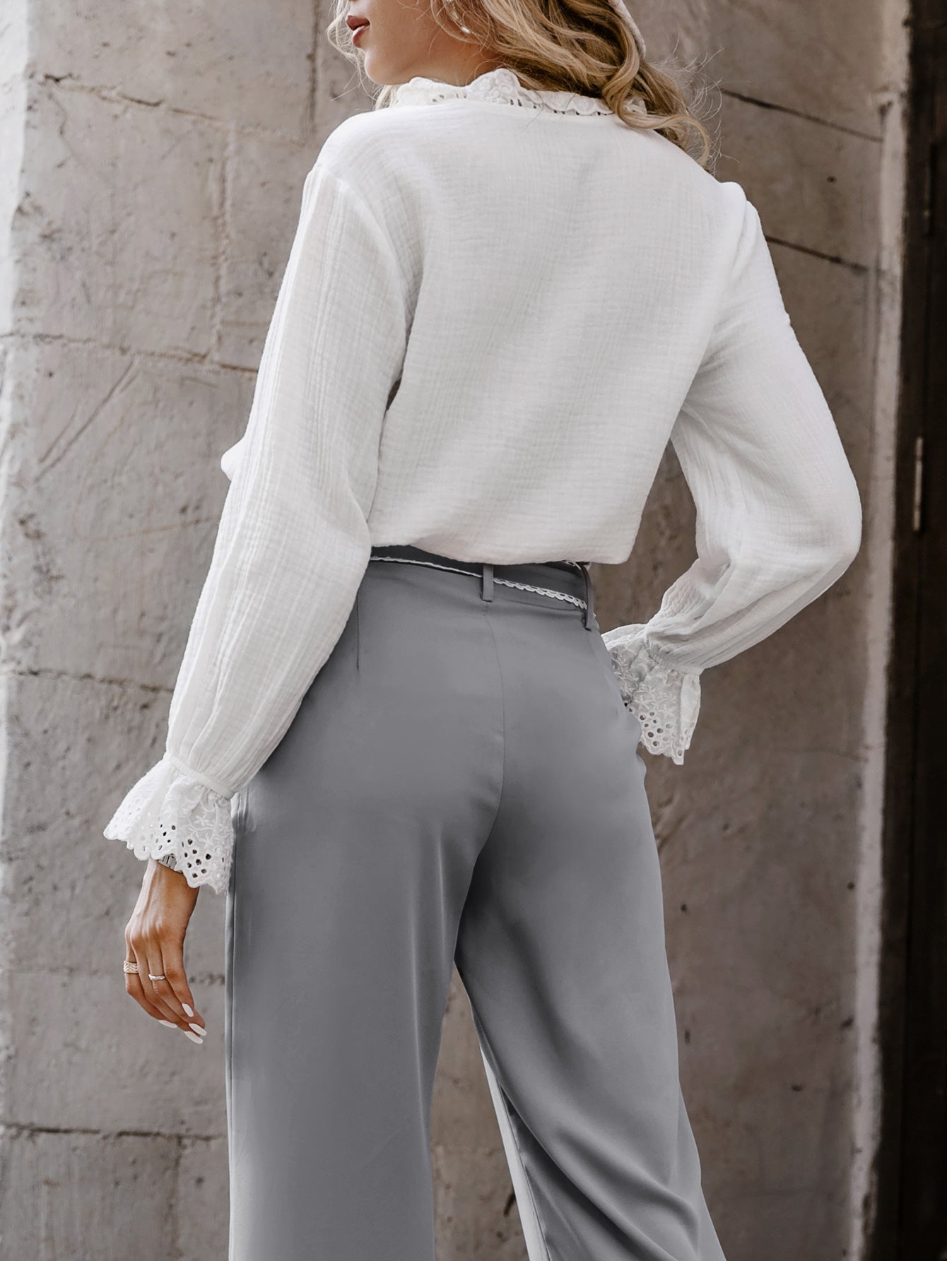 Eyelet Lace Trim Button Down Shirt