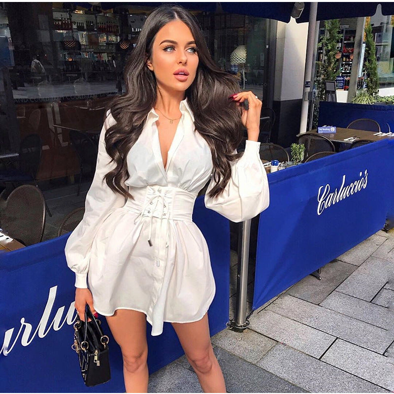 DEEP V-NECK SKINNY PLEATED SHIRT DRESS