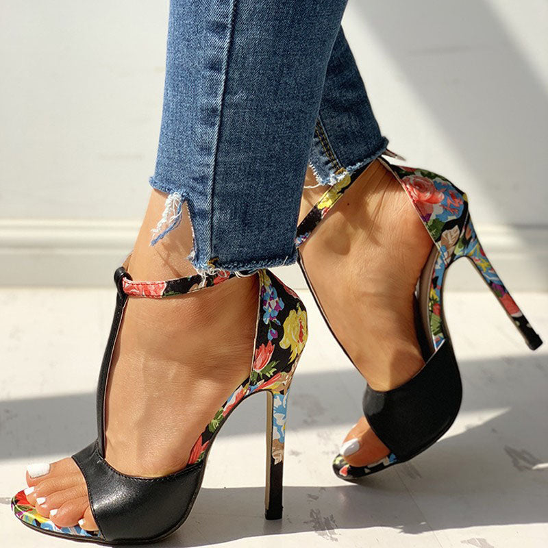 FLORAL OPEN-TOE T-BAR SANDAL HIGH HEEL