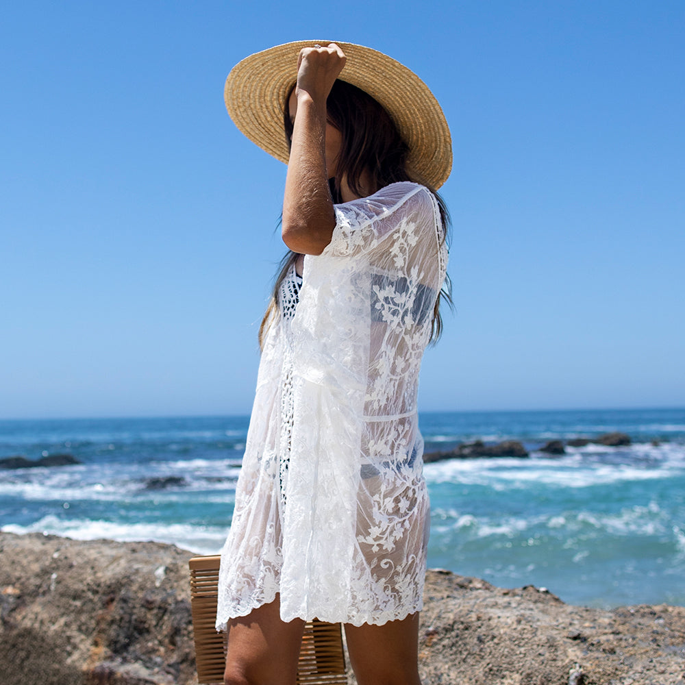 LACE LAYERED SHORT SLEEVE V-NECK MINI DRESS