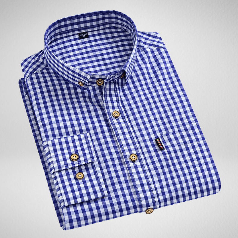 Kwality-Classic Casual Gingham Checked Long Sleeve Shirt -Navy Blue