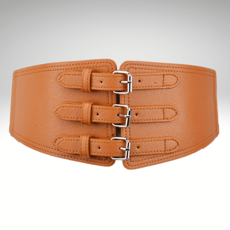 Kwality-Elasticated Three Buckle Super Wide Dress Belt -Camel