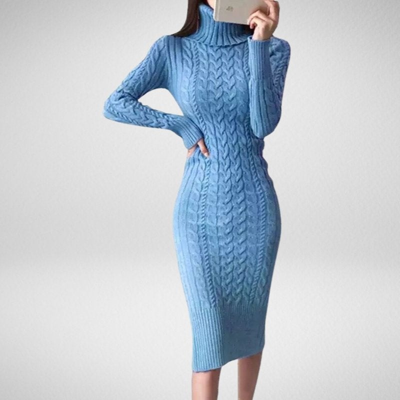 Kwality-Knee Length Roll-Neck Chunky Knitted Bodycon Dress -Blue