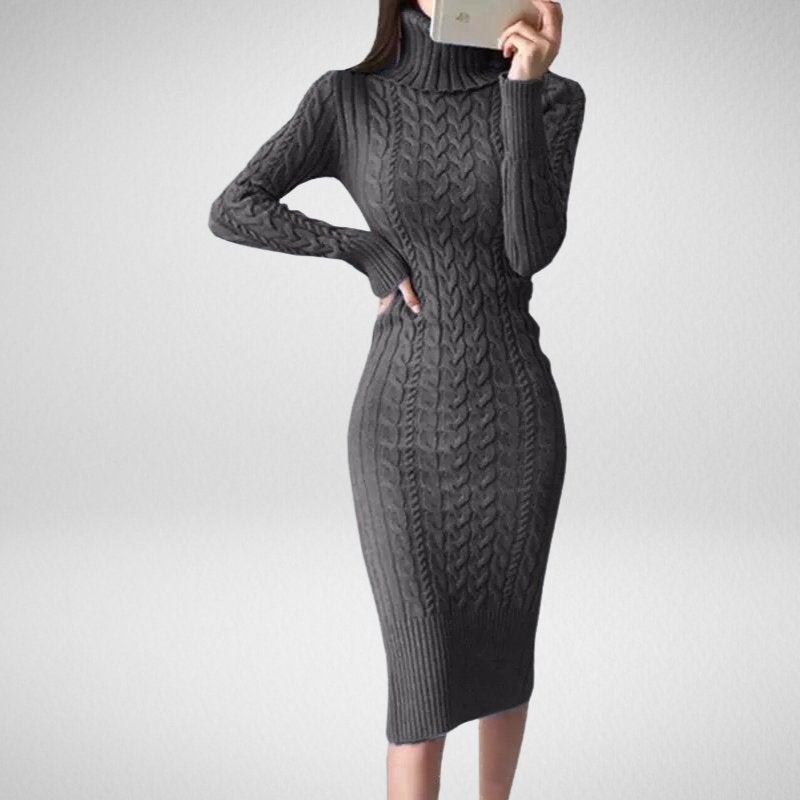 Kwality-Knee Length Roll-Neck Chunky Knitted Bodycon Dress -Charcoal