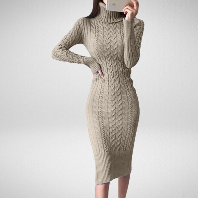 Kwality-Knee Length Roll-Neck Chunky Knitted Bodycon Dress -Khaki