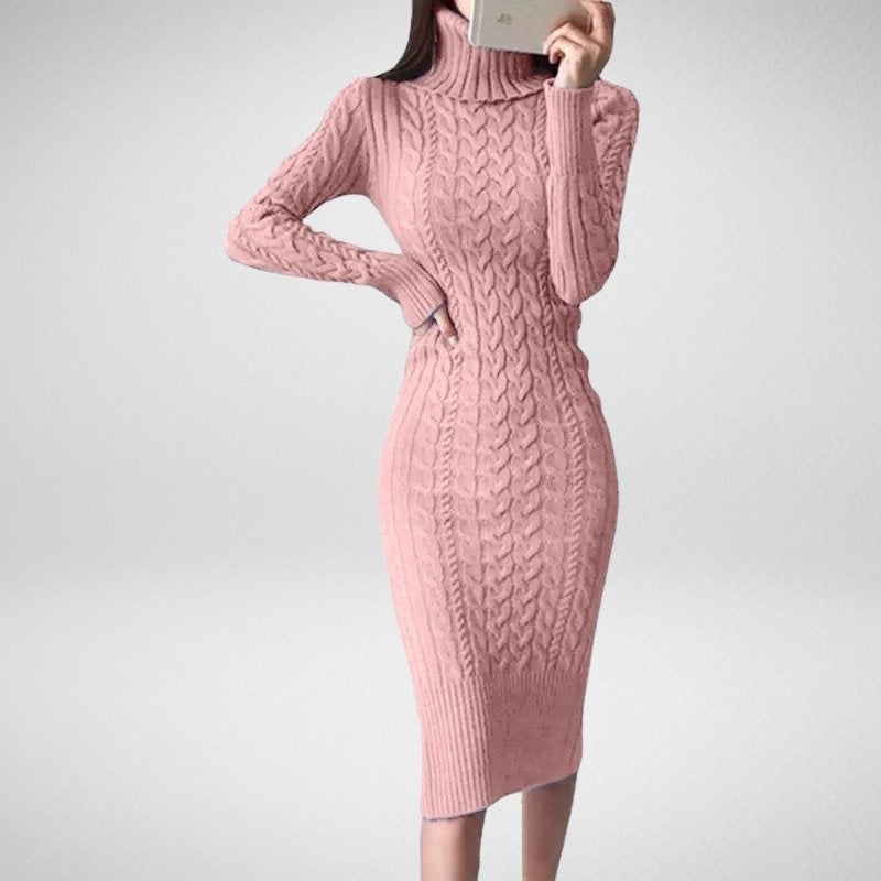 Knee Length Roll-Neck Chunky Knitted Bodycon Dress
