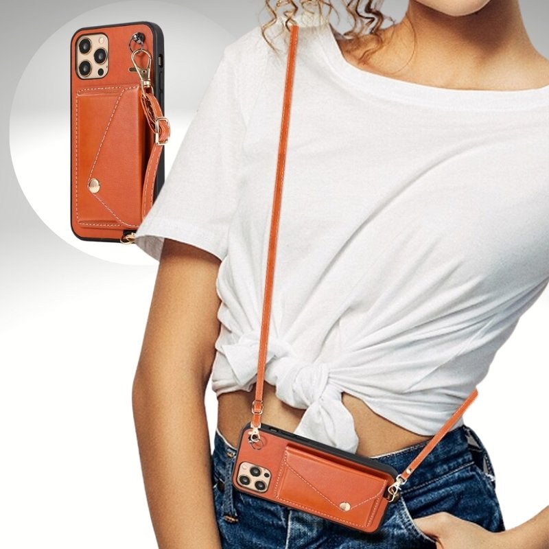 Kwality-Long Chain Crossbody Apple iPhone Soft Case and Purse -Brown
