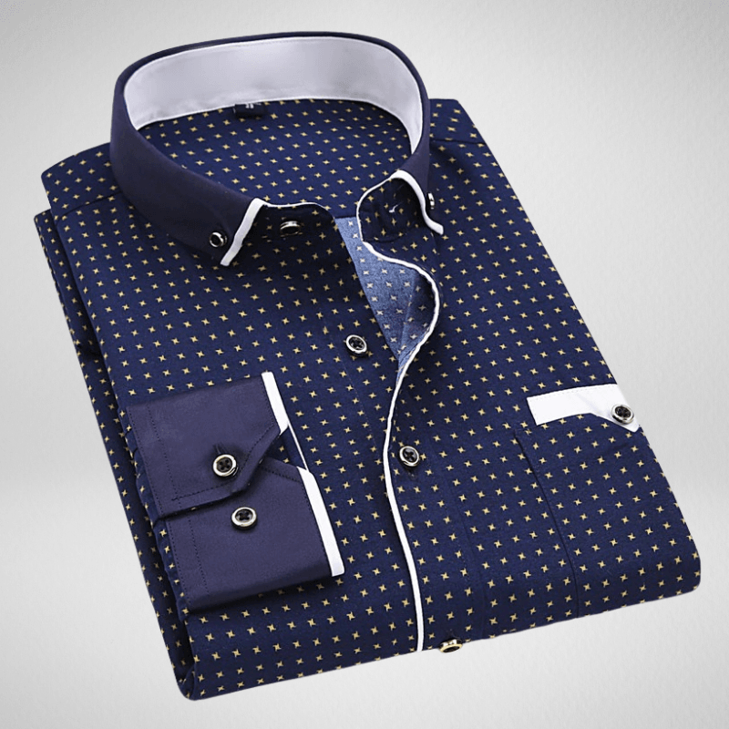 Kwality-Long Sleeve Slim Fit Spotted Contrast Collar Shirt -Navy