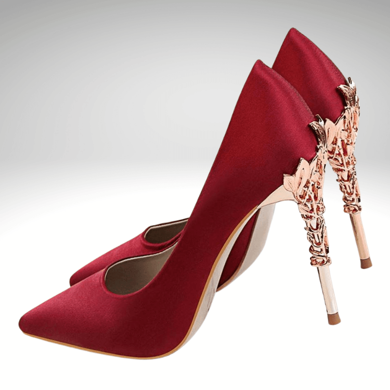 Kwality-Metal Carved Heel Wedding Bridesmaid Party Shoe -Wine Red