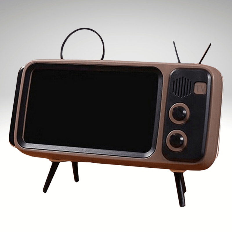 Kwality-Mini Retro TV Mobile Phone Holder and Bluetooth Speaker -Coffee