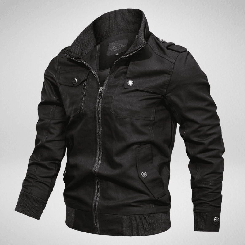 Kwality-Multi Pocket Slim Fit Aviator Look Bomber Jacket -Black