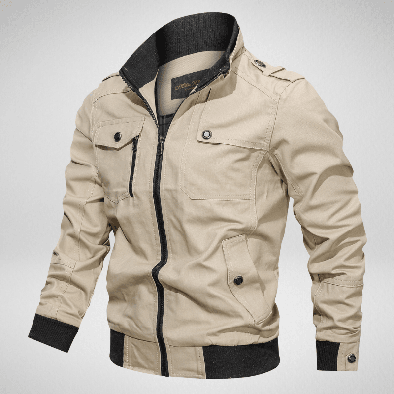 Kwality-Multi Pocket Slim Fit Aviator Look Bomber Jacket -Cream