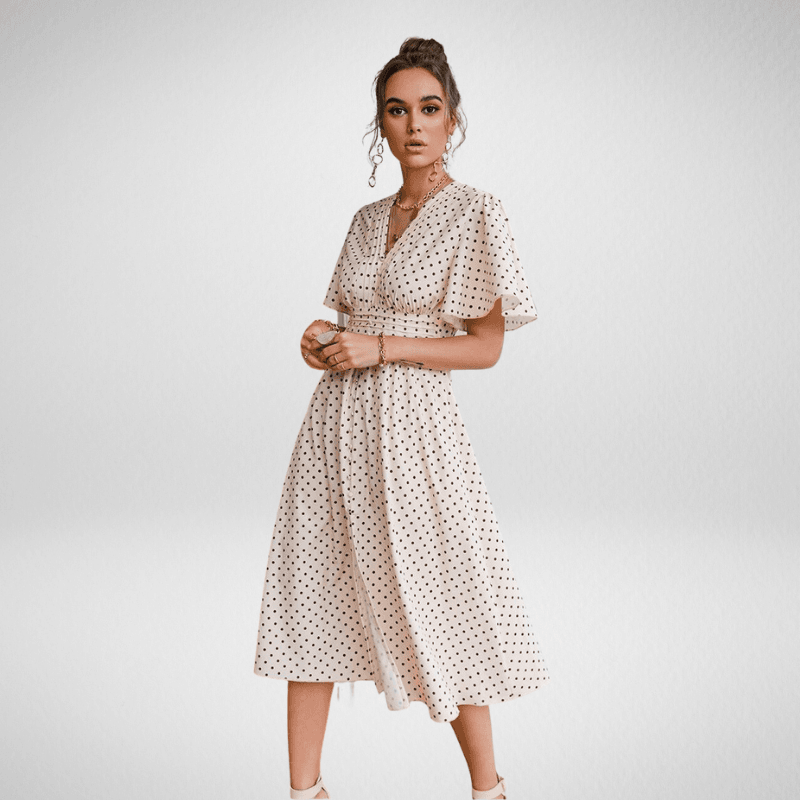 Polka Dot V-Neck Flared Sleeve Split A-Line Dress