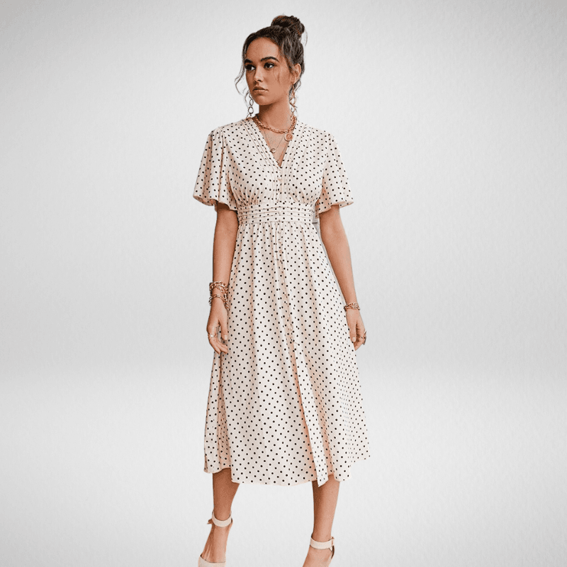 Polka Dot V-Neck Flared Sleeve Split A-Line Dress