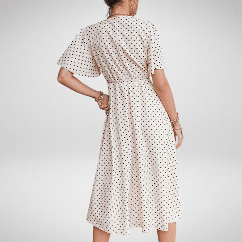 Polka Dot V-Neck Flared Sleeve Split A-Line Dress