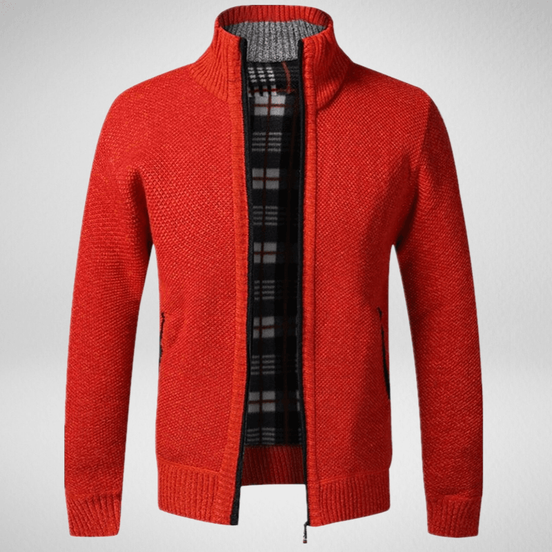 Kwality-Solid Colour High Collar Zip-Up Wool Sweater -Red