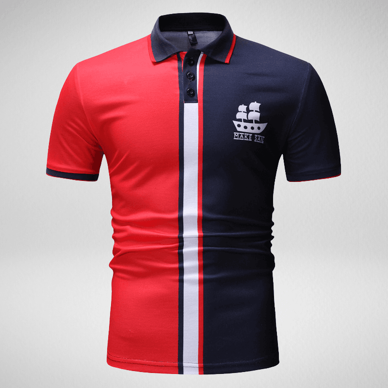 Kwality-Striped Tri-Colour Sail Ship Logo Polo Shirt -Red and Blue