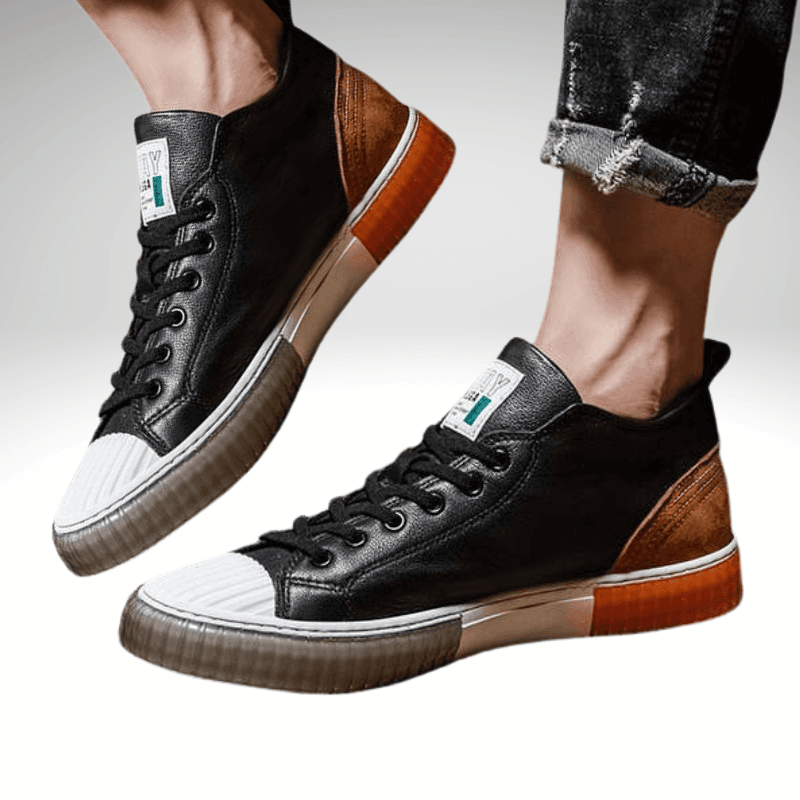Kwality-Two-Tone Casual Leather Trainer Shoe -Black