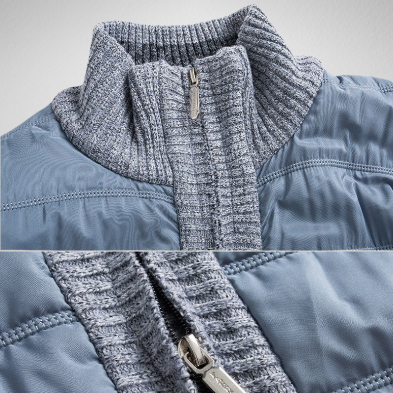 Quilted Stitched High Collar Zip-Up Wool Sweater