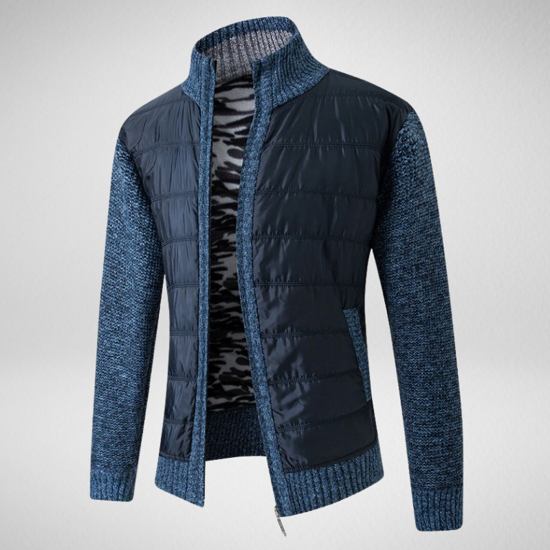 Quilted Stitched High Collar Zip-Up Wool Sweater