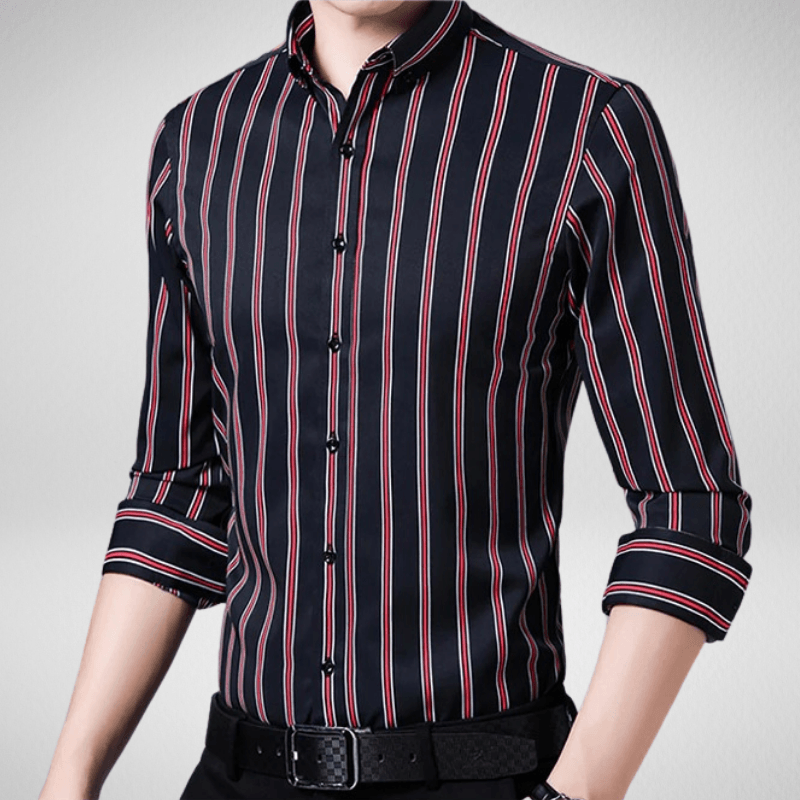 Kwality-Classic Long Sleeve Button Up Striped Shirt -Black & Red