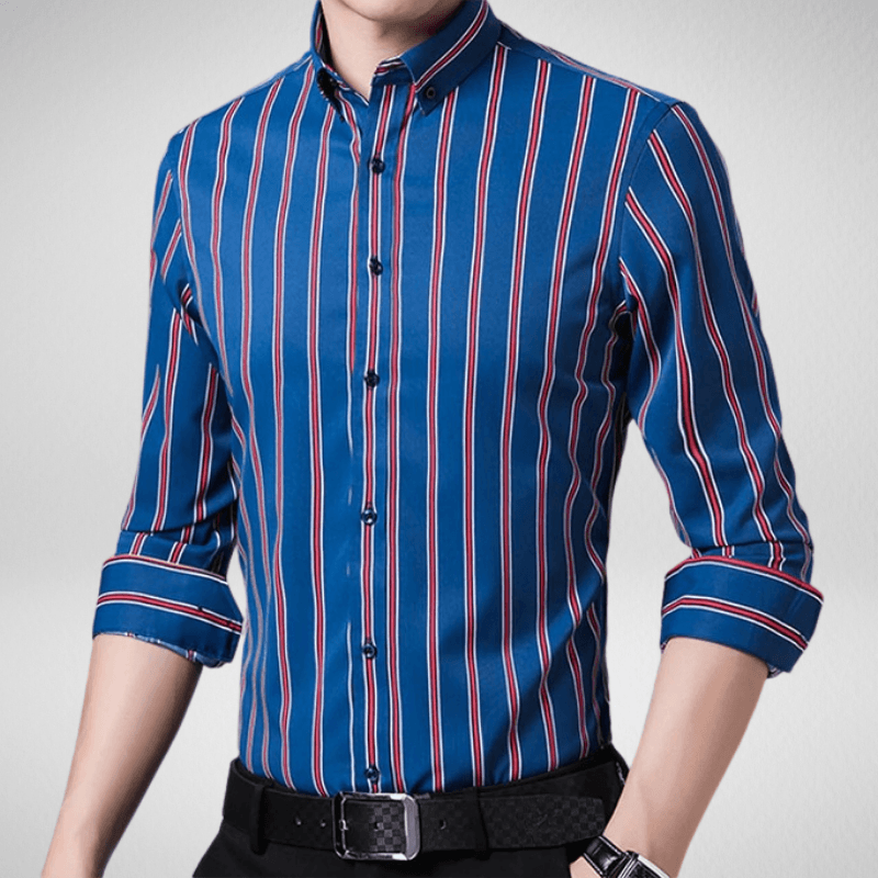 Kwality-Classic Long Sleeve Button Up Striped Shirt -Blue & Red