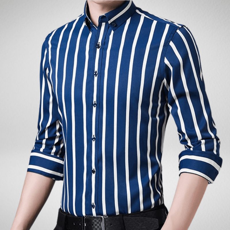 Kwality-Classic Long Sleeve Button Up Striped Shirt -Navy & White