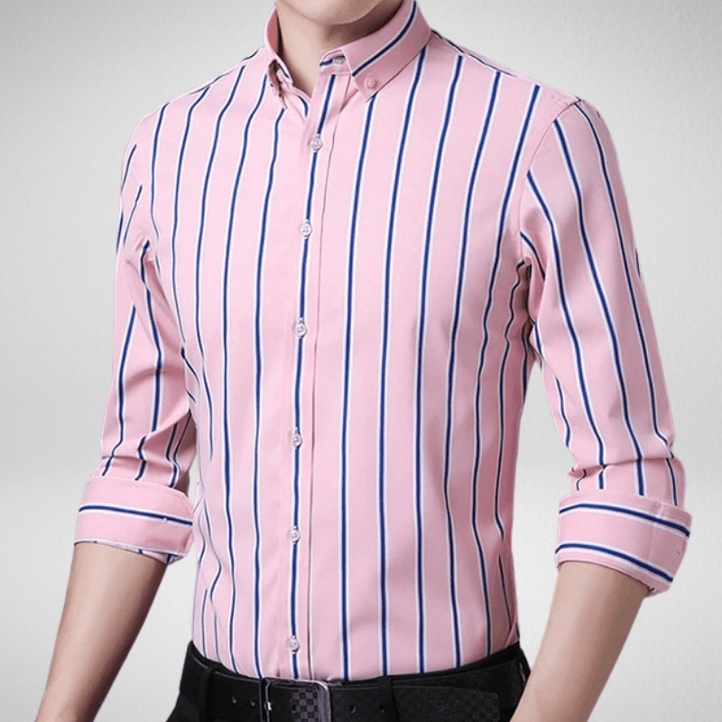Kwality-Classic Long Sleeve Button Up Striped Shirt -Pink & Blue