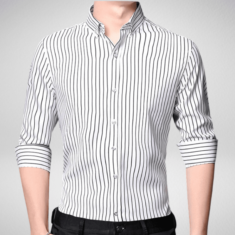 Kwality-Classic Long Sleeve Button Up Striped Shirt -White & Black