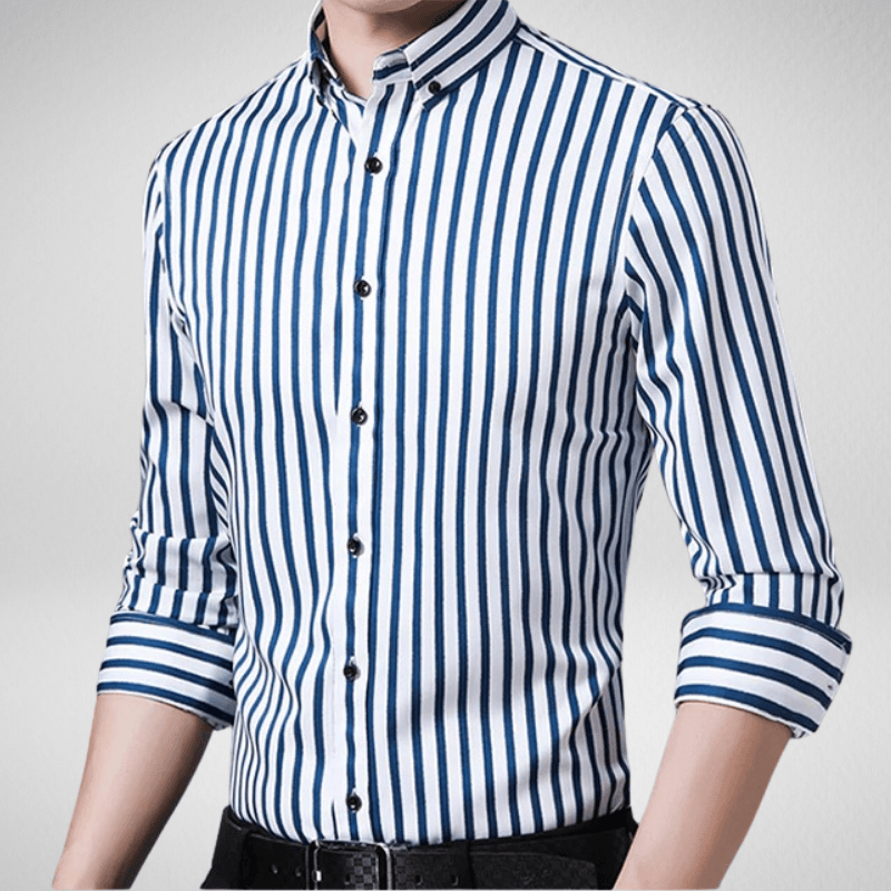 Kwality-Classic Long Sleeve Button Up Striped Shirt -White & Blue