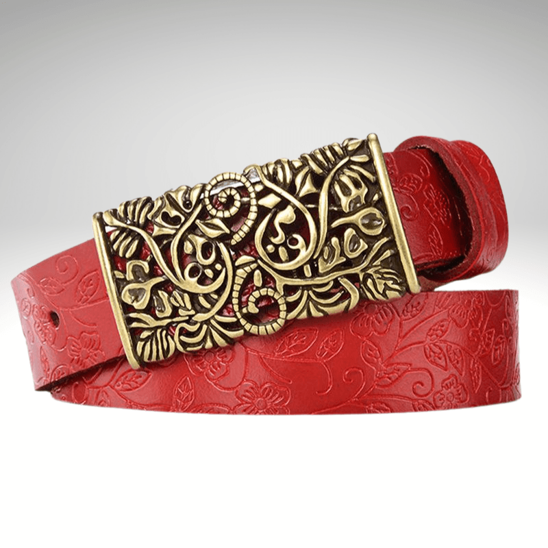 Kwality Gold Floral Rectangle Buckle Belt Red