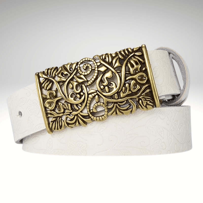 Kwality Gold Floral Rectangle Buckle Belt White