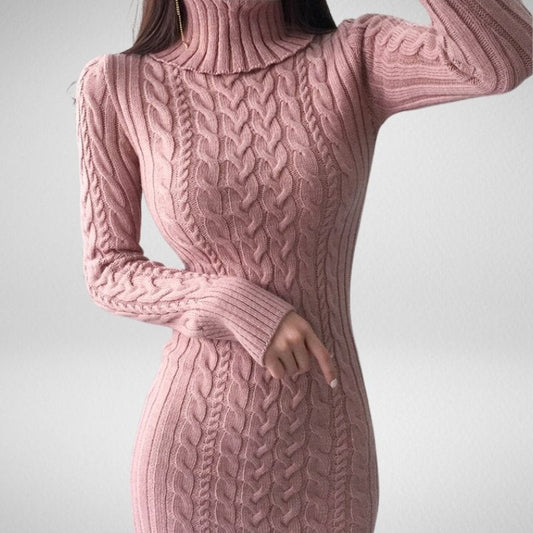 Kwality-Knee Length Roll-Neck Chunky Knitted Bodycon Dress -Pink