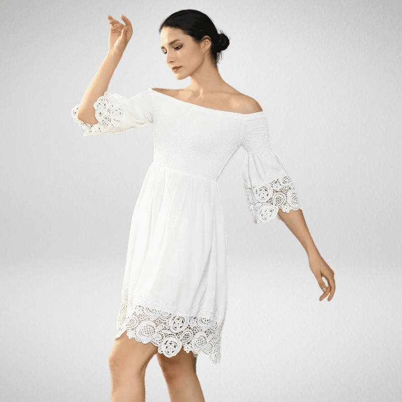 Kwality Lace Finished Off-Shoulder Knee Length Dress-White