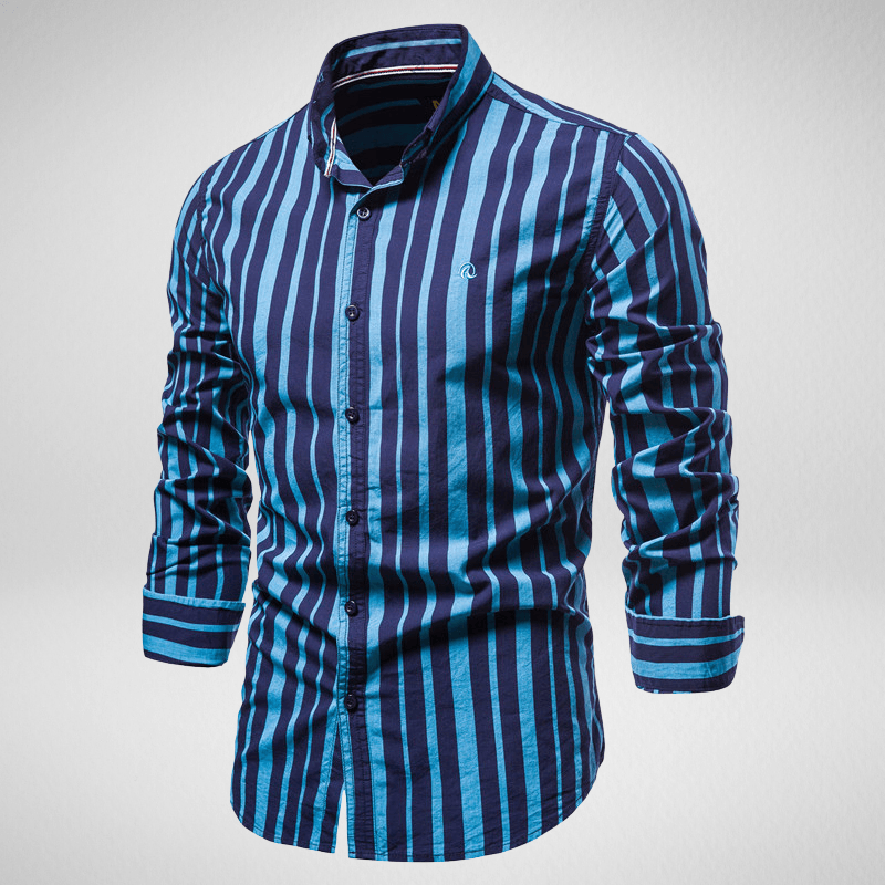 Kwality-Long Sleeve Cotton Striped Casual Shirt -Navy Blue