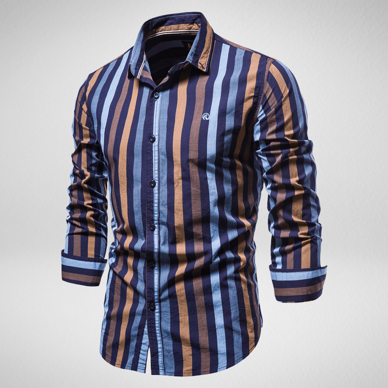 Kwality-Long Sleeve Cotton Striped Casual Shirt -Navy Blue Brown
