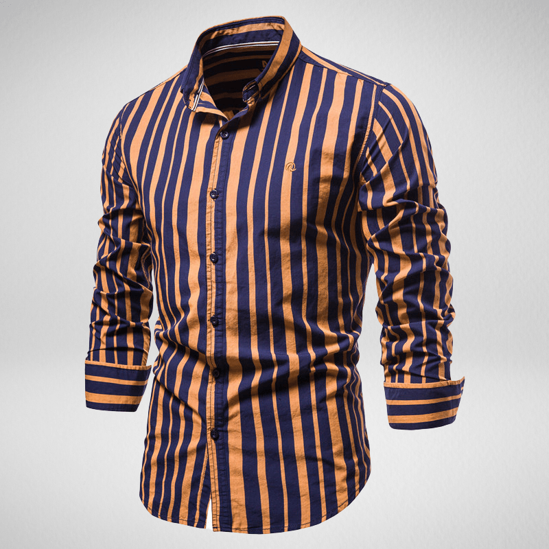 Kwality-Long Sleeve Cotton Striped Casual Shirt -Navy Blue Orange