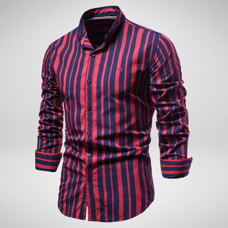 Kwality-Long Sleeve Cotton Striped Casual Shirt -Red and Navy