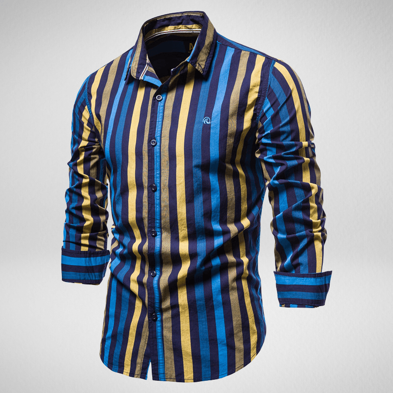 Kwality-Long Sleeve Cotton Striped Casual Shirt -Yellow and Navy Blue
