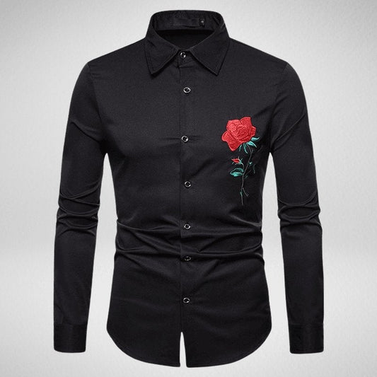 Kwality-Long Sleeve Embroidered Rose Casual Shirt -Black