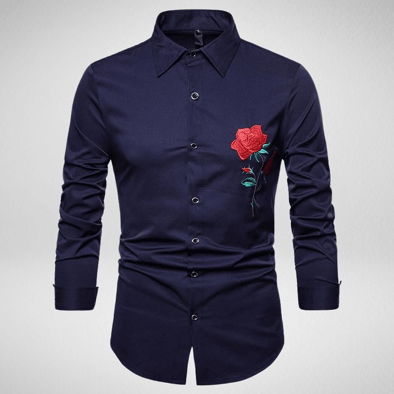 Kwality-Long Sleeve Embroidered Rose Casual Shirt -Navy