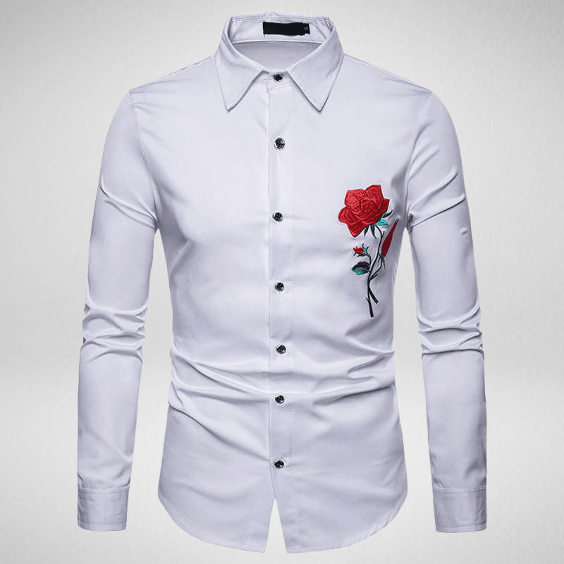 Kwality-Long Sleeve Embroidered Rose Casual Shirt -White
