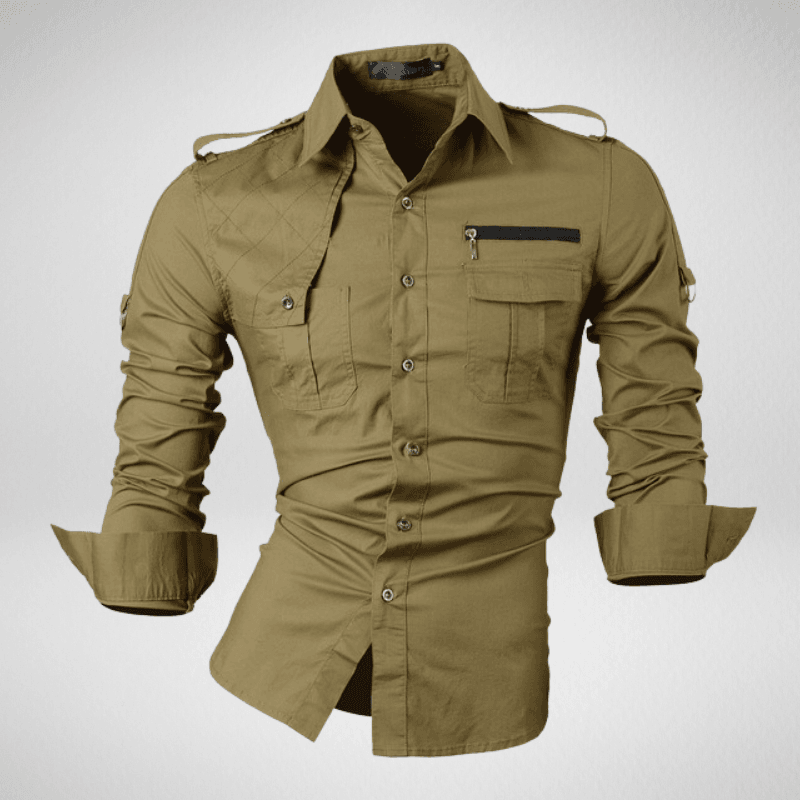 Kwality-Long Sleeve Shirt with Shoulder Lapels -Army Green