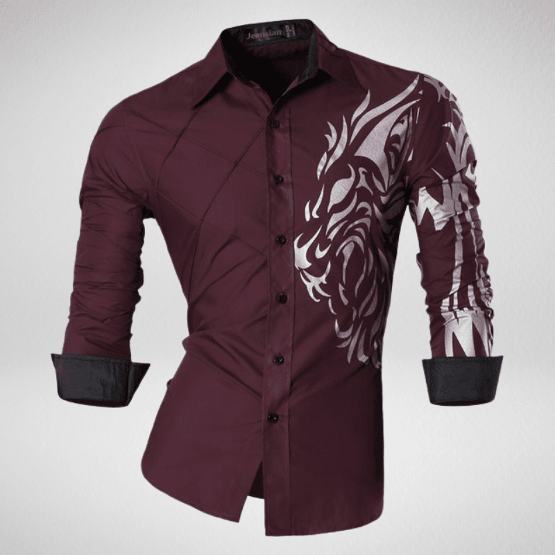 Kwality-Long Sleeve Shirt with Shoulder Lapels -Wine & Print